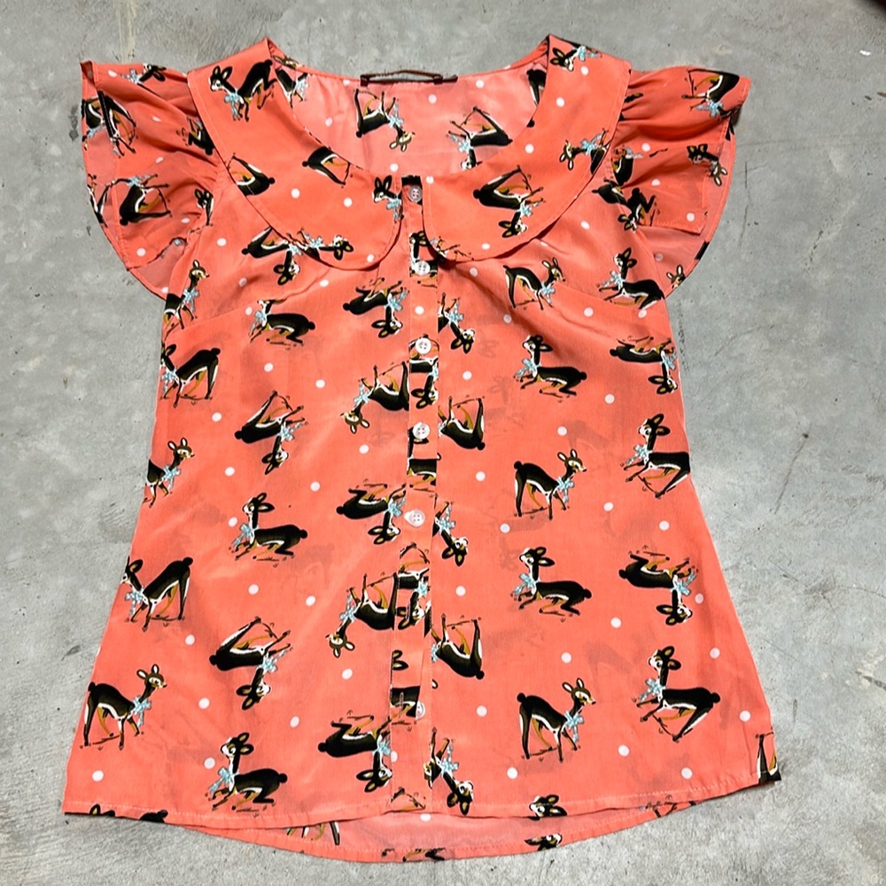 Beach Bash By Art & Tatyanna Darling Deer Button Front Blouse / size XS / Ww-32‎